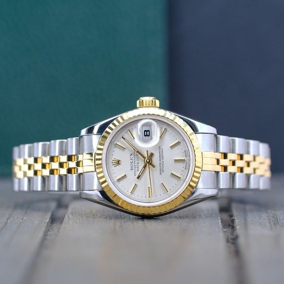 ROLEX LADIES DATEJUST 18K GOLD STEEL WATCH 69173 SILVER INDEX DIAL FLUTED 26MM - Picture 4 of 15